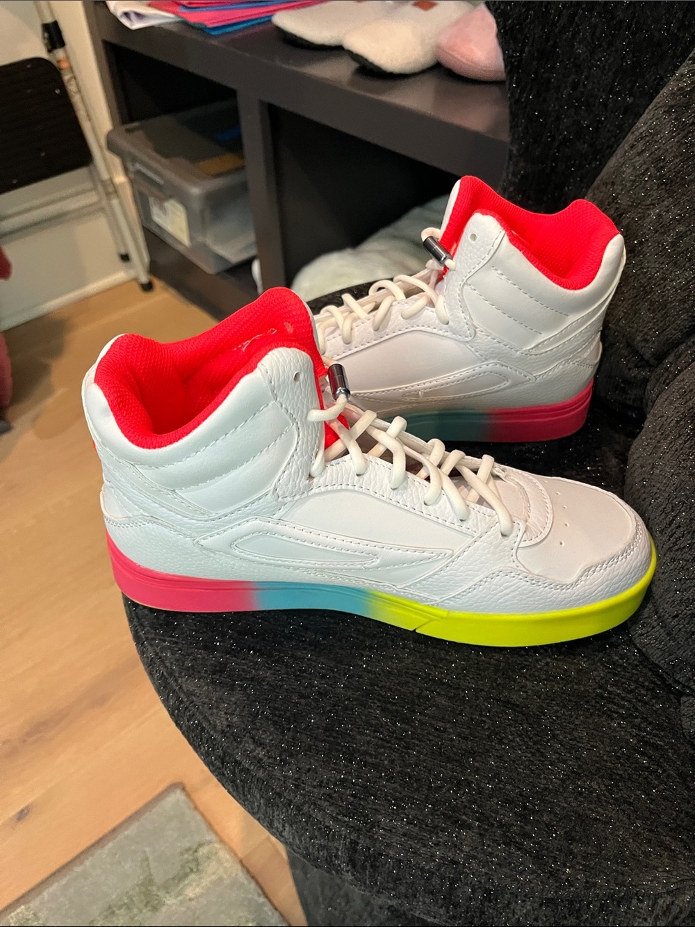 Fila women’s White High-Top Sneakers with Neon Pink Lining and Rainbow Sole